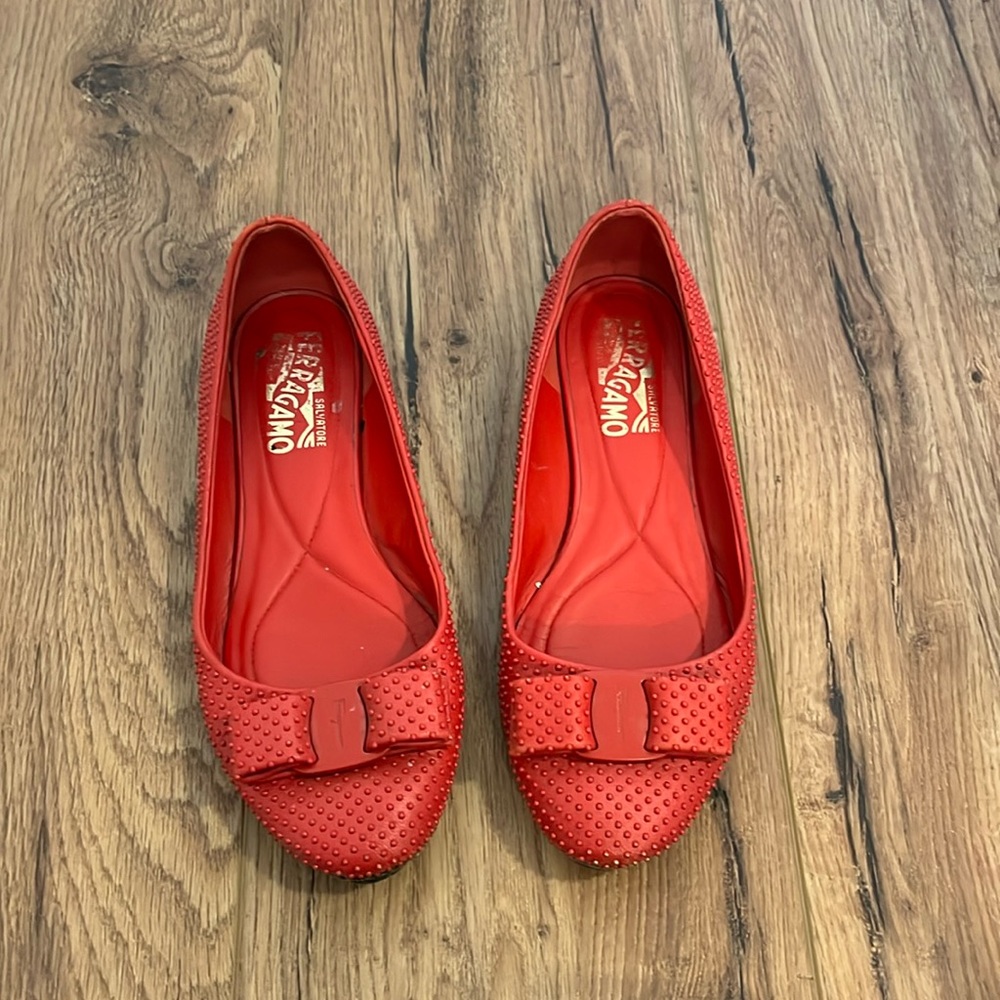 Salvatore Ferragamo Red Ballet Flats with Bow and Dot Detailing